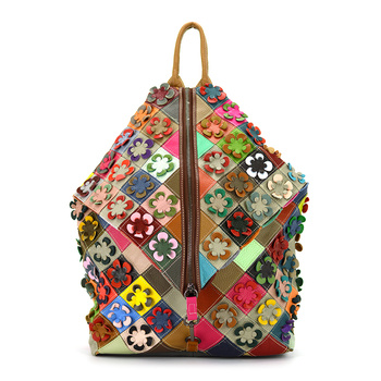 Kolorowy Plecak damski skórzany w mozaikę i kwiaty