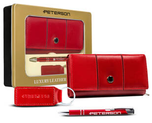 Zestaw prezentowy: skórzany portfel damski, brelok i długopis - Peterson