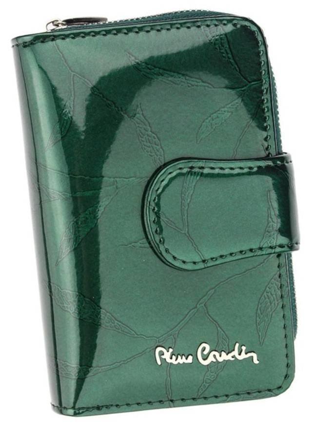 Mały, pionowy portfel ze skóry naturalnej lakierowanej z motywem liści — Pierre Cardin